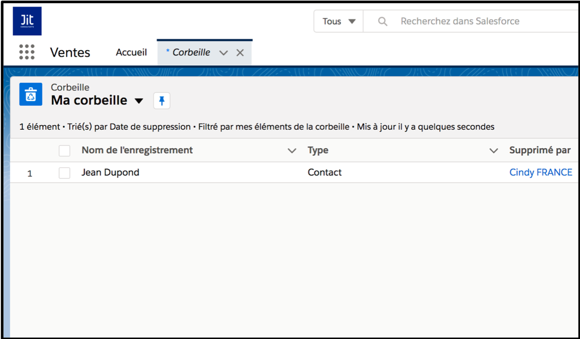Affichage de la corbeille Salesforce sur l’interface Lightning Experience
