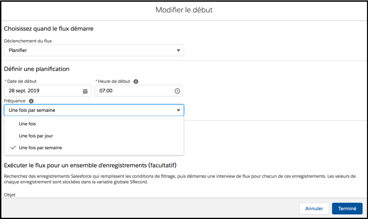 Interface permettant la planification d’un flux Salesforce
